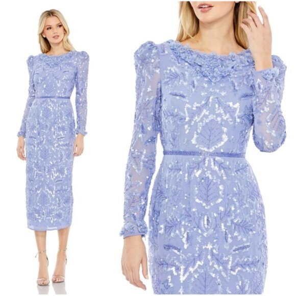 MAC DUGGAL Embellished Sheath Midi-Dress in Periwinkle Size US 12 NWT - Picture 1 of 15